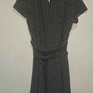 Lane Bryant Black and White Diamond Print Midi Dress, Assimetrical Hem, Belt